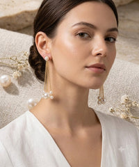 Elegant Gold Plated Long Chain Triple White Faux Pearl Dangler Earrings