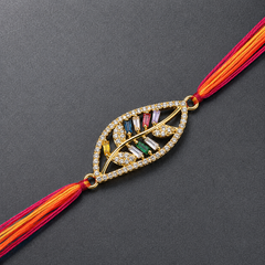 Designer Leaf Style Gold Plated CZ Red Orange Thread Rakhi For Men