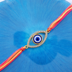 White Blue Oval Evil Eye Gold Plated CZ Red Orange Thread Rakhi For Men