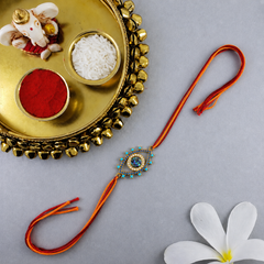 Designer Evil Eye CZ Turquoise Enamel Red Orange Thread Rakhi For Men