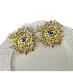 Beaten Finish Big Eyelash Evil Eye Baguette Cubic Zirconia 18 Gold Stud Earring For Women