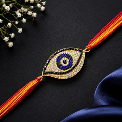 Designer Oval Evil Eye Black CZ Red Orange Thread Rakhi For Men