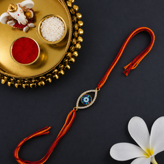 Multi Color Evil Eye Gold CZ Red Orange Thread Rakhi For Men