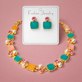 Multi Color Gold Plated Cubic Zirconia Beads Necklace & Earring Set