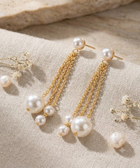 Elegant Gold Plated Long Chain Triple White Faux Pearl Dangler Earrings