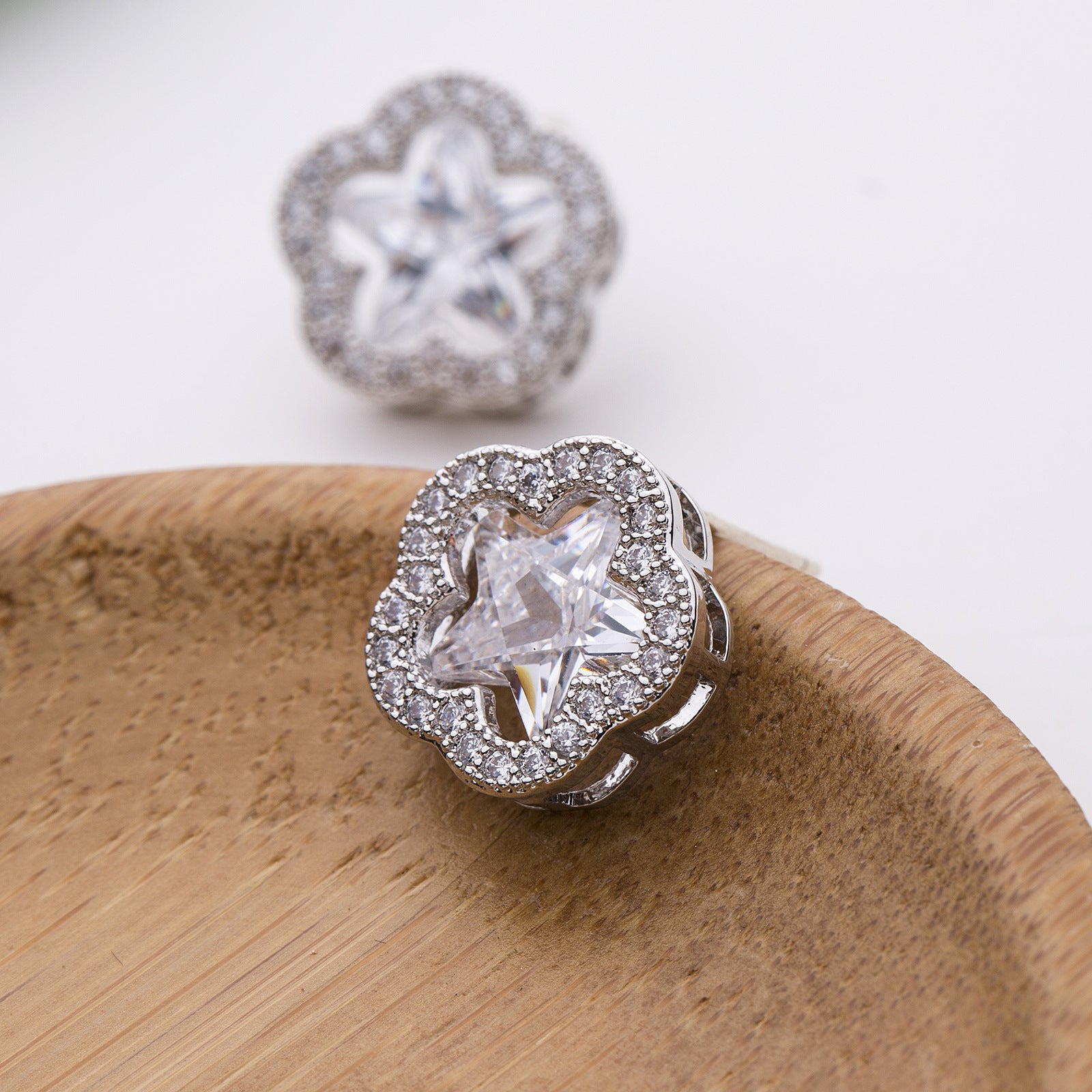 White Floral Star Cut Silver Plated CZ Anti Tarnish Copper Stud Earrings