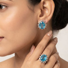 Elegant Oval Blue Silver Plated White CZ Copper Stud Earrings & Ring Set