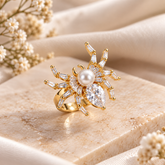Designer Spider Gold Silver CZ Pearl Copper Cocktail Adjustable Ring