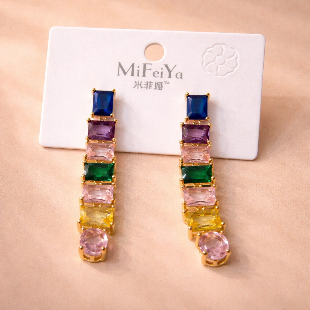Multi Color Baguette Cut Gold CZ Anti Tarnish Copper Dangler Earrings