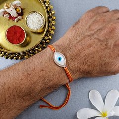 Oval Evil Eye Rose Gold CZ Mother of Pearl Red Orange Thread Rakhi