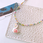 Pink White Duck Multicolour Beaded Silver Charm Necklace For Women Kids