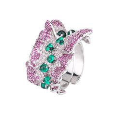 Inlaid Cubic Zirconia Silver Green Pink Crystal Anti Tarnish Free Size Ring For Women