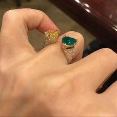 Dual Heart Emerald Gold CZ Copper Anti Tarnish Adjustable Fancy Ring