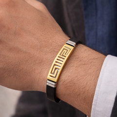 Black Greek Key Pattern Gold Plated Plain Rubber Bracelet For Men