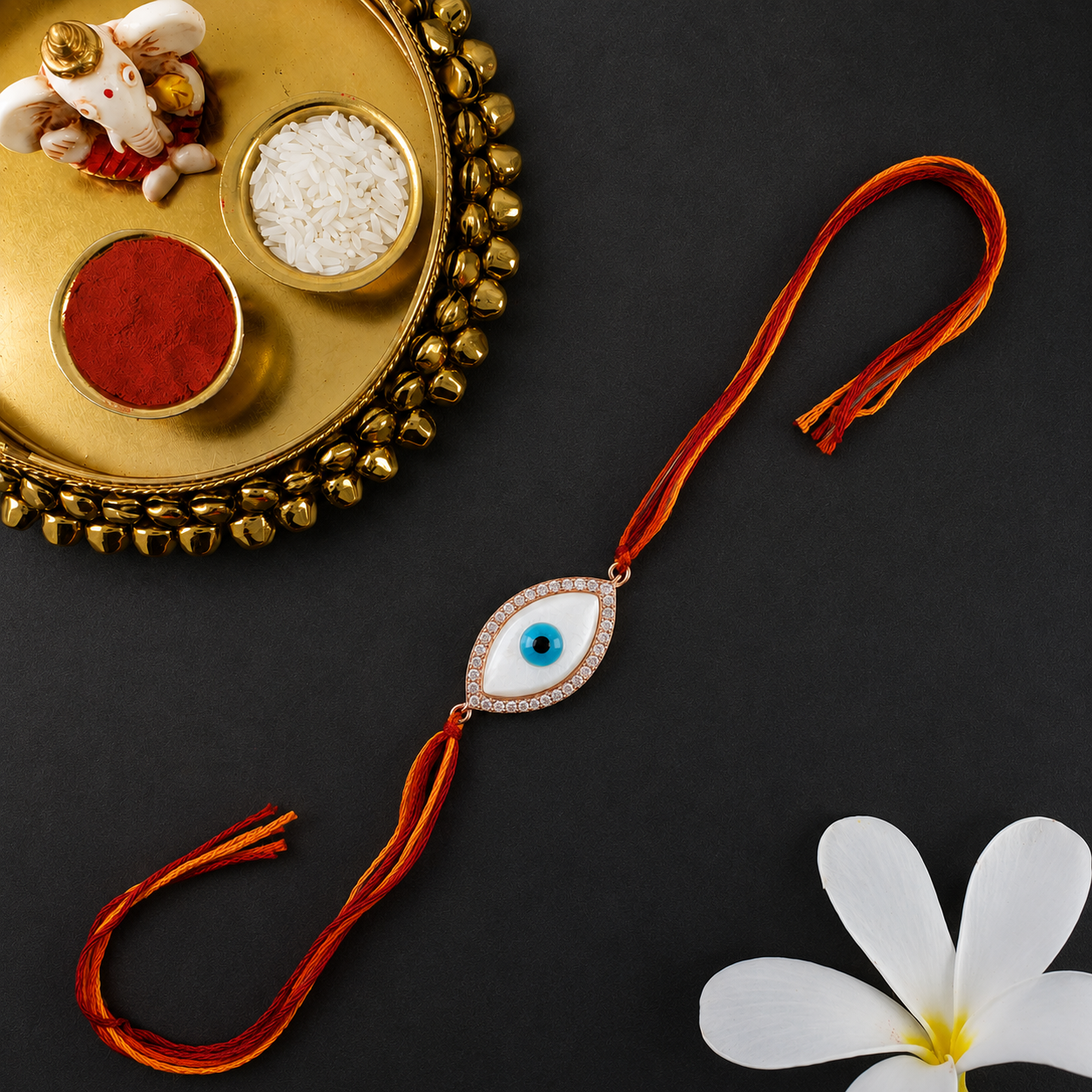 Oval Evil Eye Rose Gold CZ Mother of Pearl Red Orange Thread Rakhi