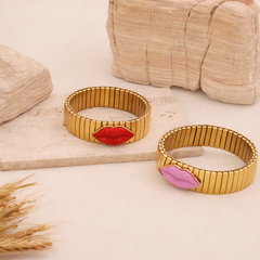 Red Pink Stretchable Lip Style Gold Plated Stainless Steel Bracelet
