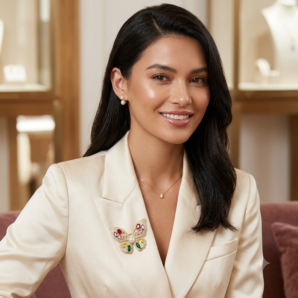 Multi Color Butterfly Gold Plated CZ Pearl Copper Brooch For Women