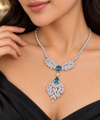 Luxury Blue Teardrop Floral Silver Plated CZ Anti Tarnish Copper Necklace