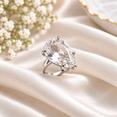 Designer Solitaire Teardrop Silver Rhinestone Copper Cocktail Ring