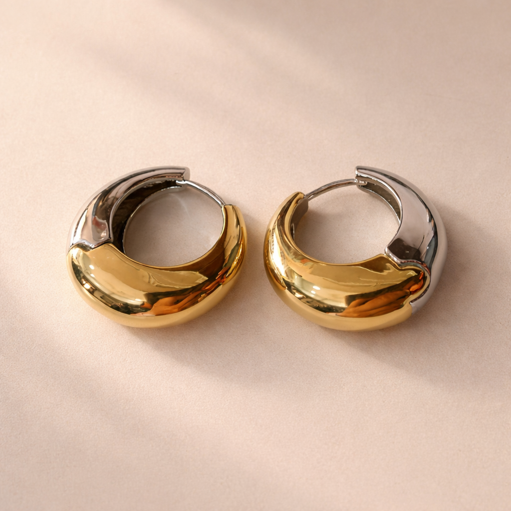 Two-Tone Chunky Gold Silver Plated Plain Stainless Steel Hoop Earrings