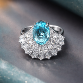 White Blue Fan Style Silver Plated CZ Copper Adjustable Cocktail Ring