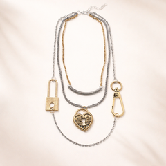Stylish Dual Tone Layered Lock Charm Gold Silver Plated Alloy Necklace
