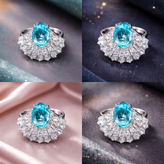 White Blue Fan Style Silver Plated CZ Copper Adjustable Cocktail Ring