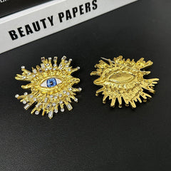 Beaten Finish Big Eyelash Evil Eye Baguette Cubic Zirconia 18 Gold Stud Earring For Women