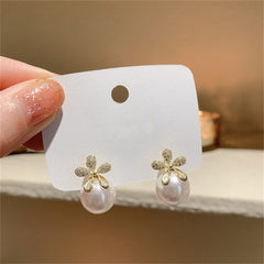 Flower Gold Plated Pearl Cubic Zirconia Alloy Drop Earrings