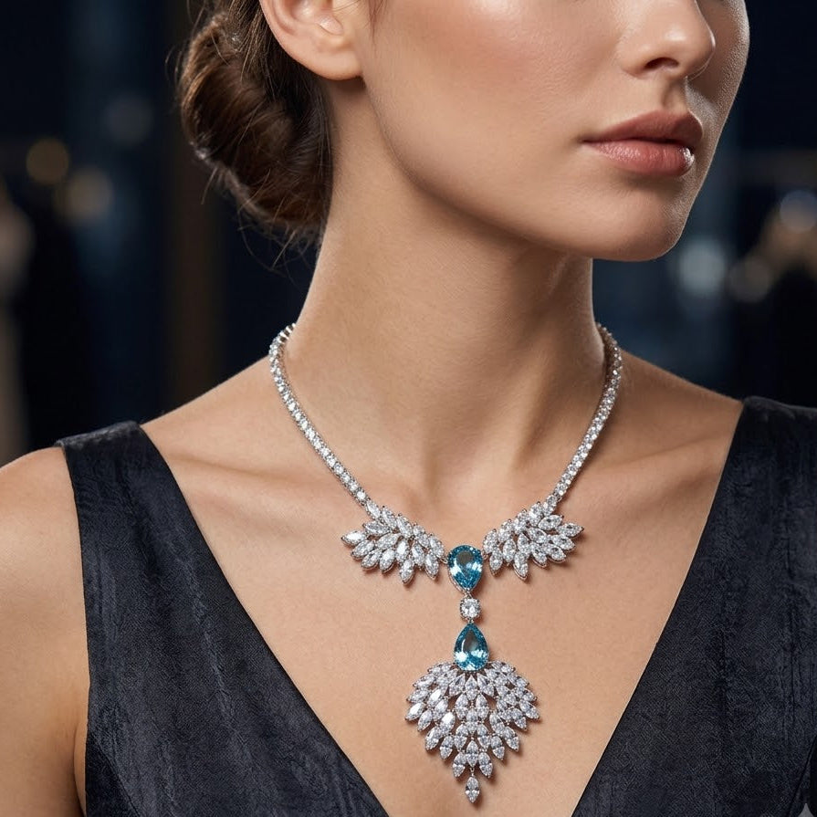 Luxury Blue Teardrop Floral Silver Plated CZ Anti Tarnish Copper Necklace