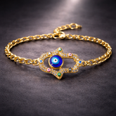 Blue White Hamsa Evil Eye Gold Plated CZ Anti Tarnish Copper Bracelet