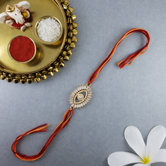 White Premium Evil Eye Gold Plated CZ Red Orange Thread Rakhi For Men
