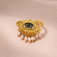 Evil Eye Gold Silver Pearl Beads Adjustable Fancy Ring