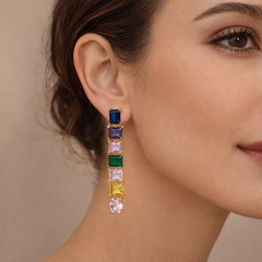 Multi Color Baguette Cut Gold CZ Anti Tarnish Copper Dangler Earrings