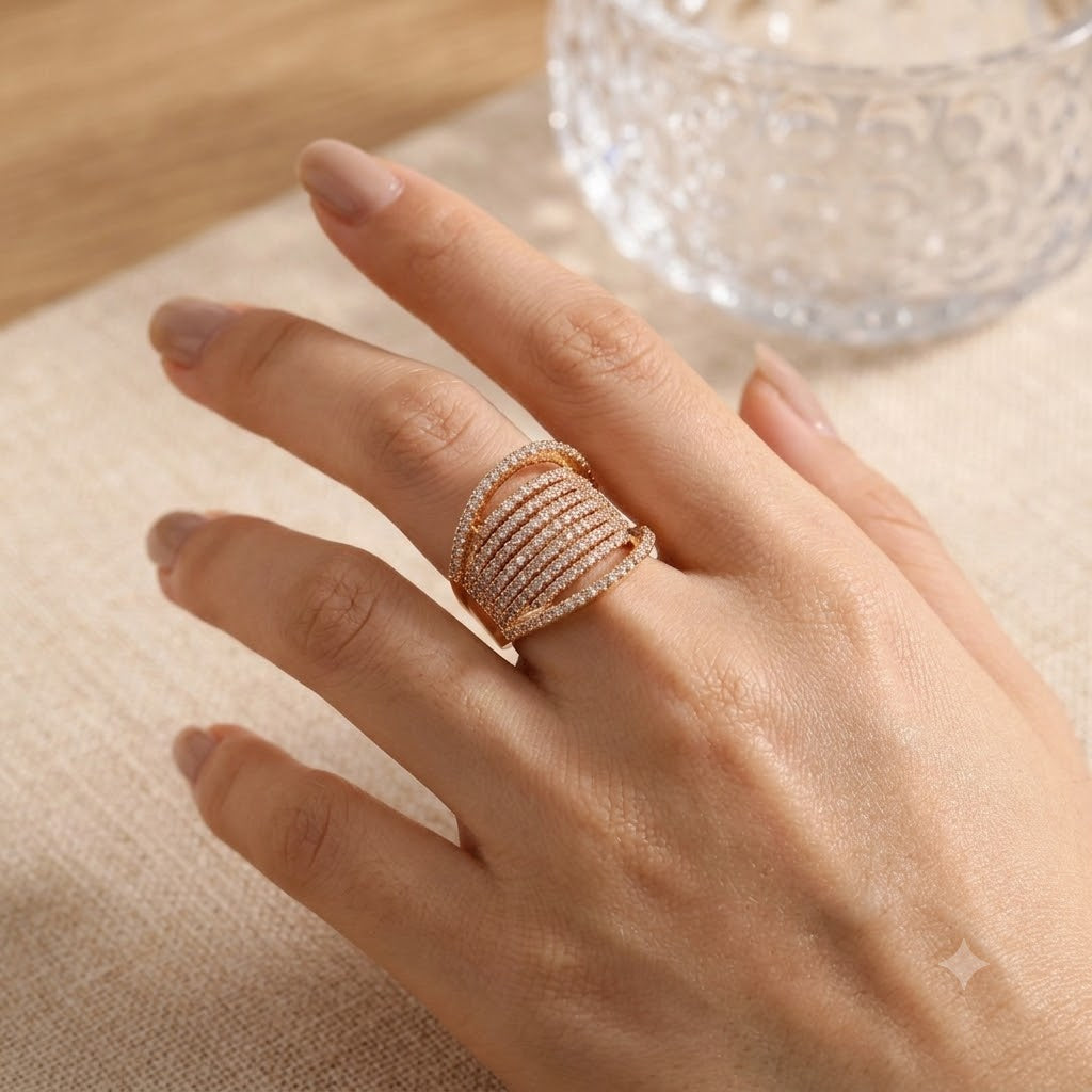 Luxury Multi Row Gold Plated CZ Copper Anti Tarnish Cocktail Ring