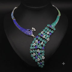 Peacock Style Silver Plated Blue Green & White Rhinestone Alloy Necklace