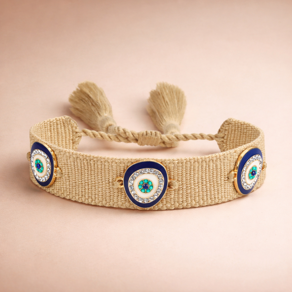 Gray Blue Evil Eye Gold Plated Rhinestone Thread Bracelet For Women