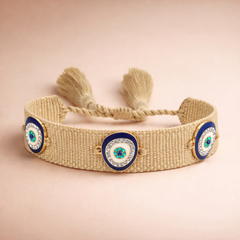 Gray Blue Evil Eye Gold Plated Rhinestone Thread Bracelet For Women