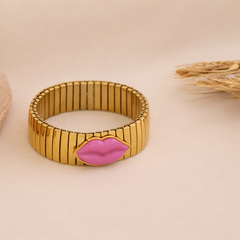 Red Pink Stretchable Lip Style Gold Plated Stainless Steel Bracelet