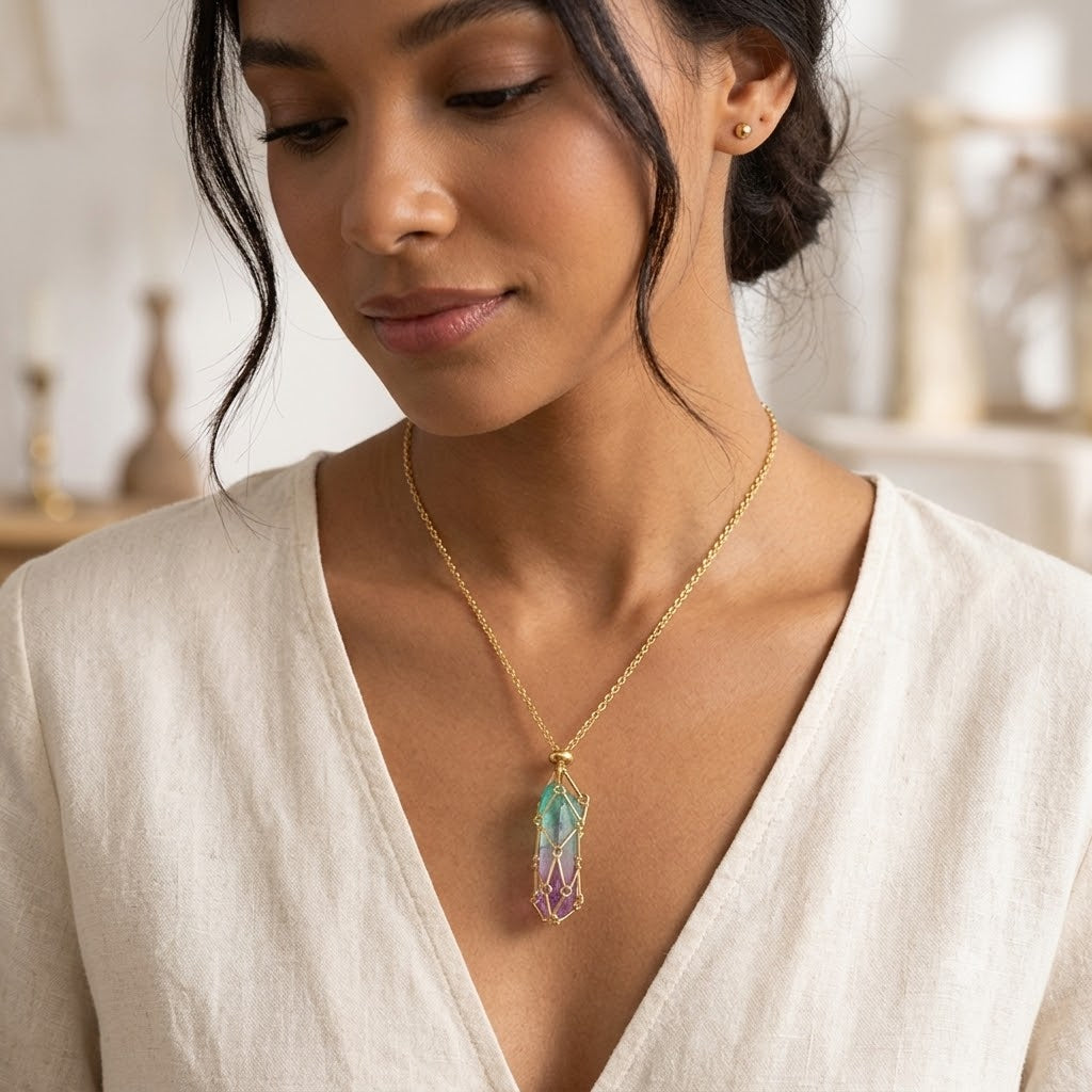 Geometric Crystal Cage Gold Turquoise & Multi Color Crystal Necklace