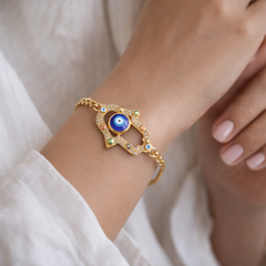 Blue White Hamsa Evil Eye Gold Plated CZ Anti Tarnish Copper Bracelet