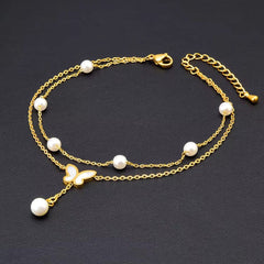 Butterfly Dual Link Chain Mother Of Pearl Pearl White 18K Gold Stainless Steel Anti Tarnish Single Anklet For Women