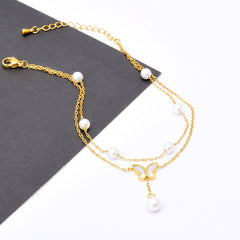 Butterfly Dual Link Chain Mother Of Pearl Pearl White 18K Gold Stainless Steel Anti Tarnish Single Anklet For Women