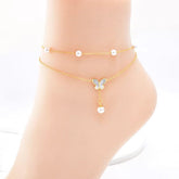 Butterfly Dual Link Chain Mother Of Pearl Pearl White 18K Gold Stainless Steel Anti Tarnish Single Anklet For Women