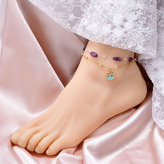 Fish Star Dual Layer Chain Beads Pearl Purple 18K Gold Stainless Steel Anti Tarnish Single Anklet For Women