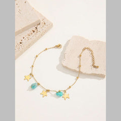 Star Link Chain Beads Green 18K Gold Stainless Steel Anti Tarnish Single Anklet For Women