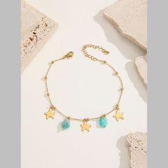 Star Link Chain Beads Green 18K Gold Stainless Steel Anti Tarnish Single Anklet For Women