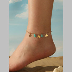 Star Link Chain Beads Green 18K Gold Stainless Steel Anti Tarnish Single Anklet For Women