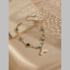 Dual Link Chain Mother Of Pearl Turquish Green Beads 18K Gold Stainless Steel Anti Tarnish Single Anklet For Women