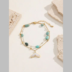 Dual Link Chain Mother Of Pearl Turquish Green Beads 18K Gold Stainless Steel Anti Tarnish Single Anklet For Women